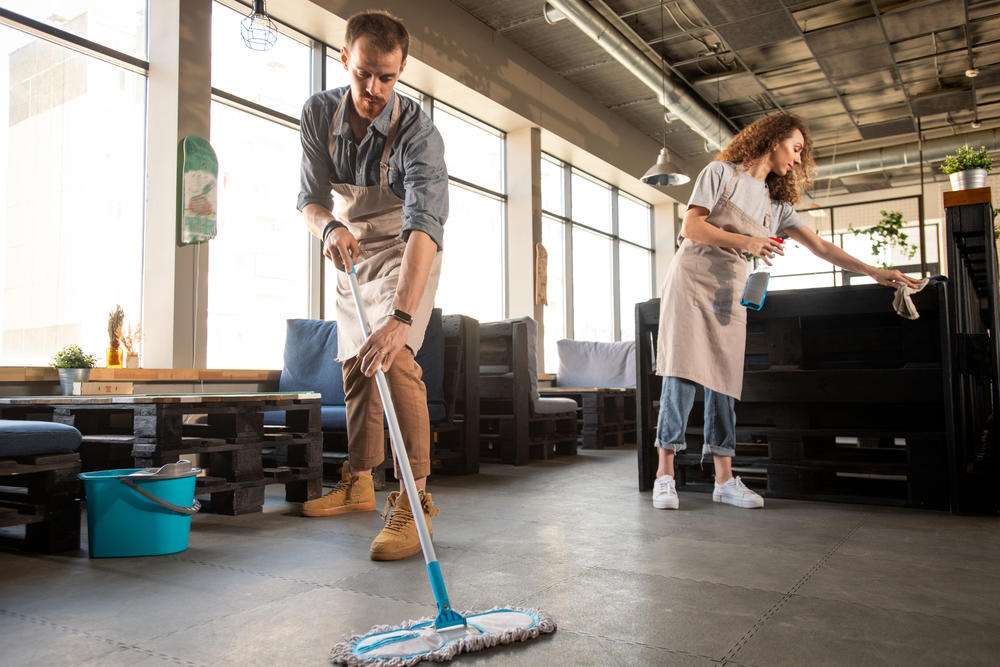 Mopping cafe floor